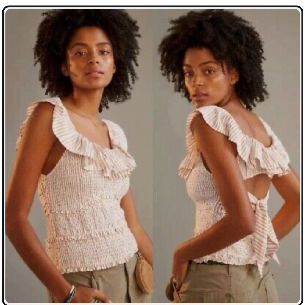 Anthropologie Pleated Ruffle Ivory Smocked Tank